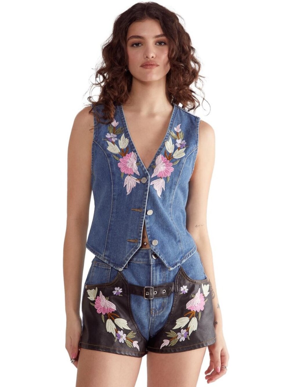 Women's Floral Embroidered Denim Waistcoat
